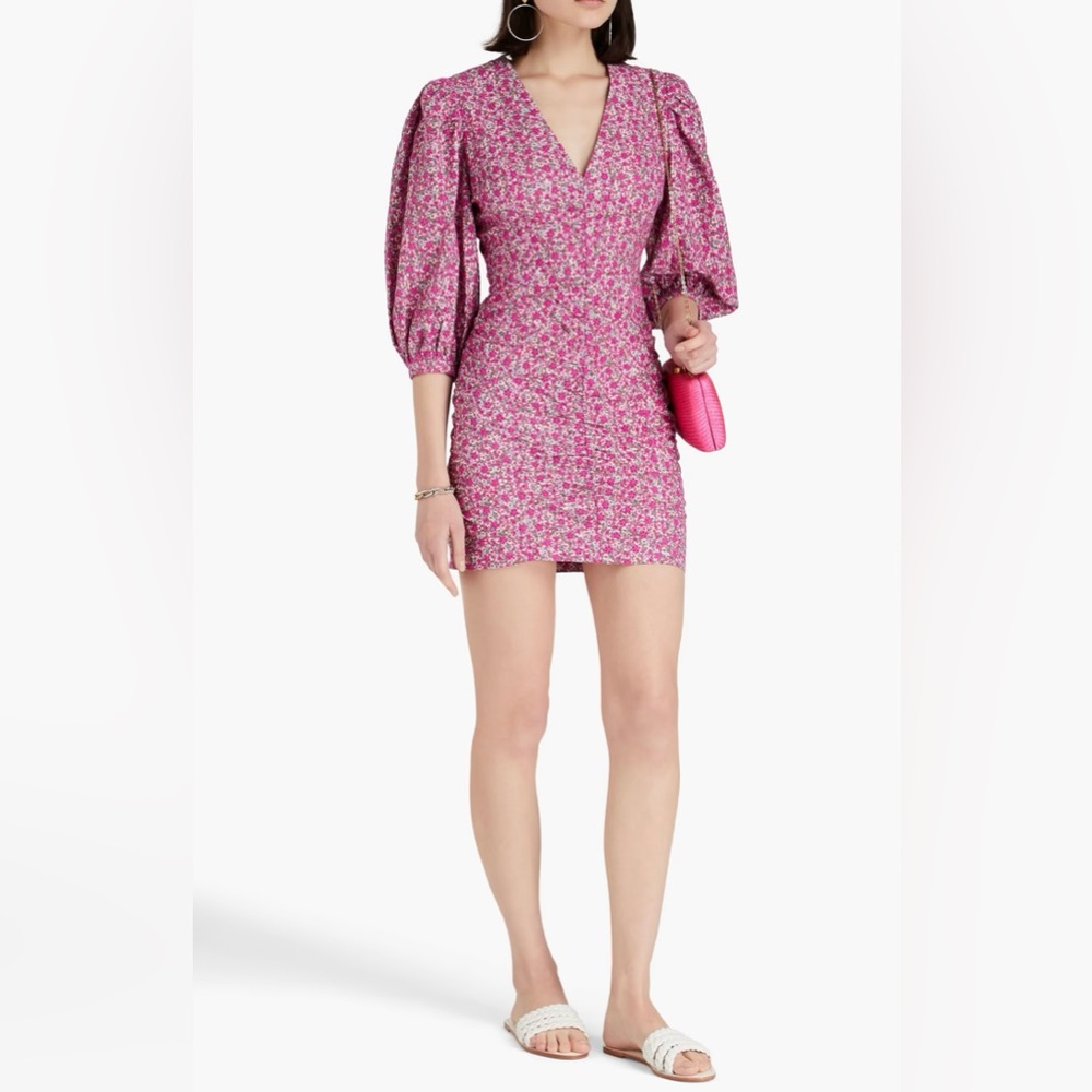 Maje Pink and White Puff Sleeve Bodycon Mini Dress